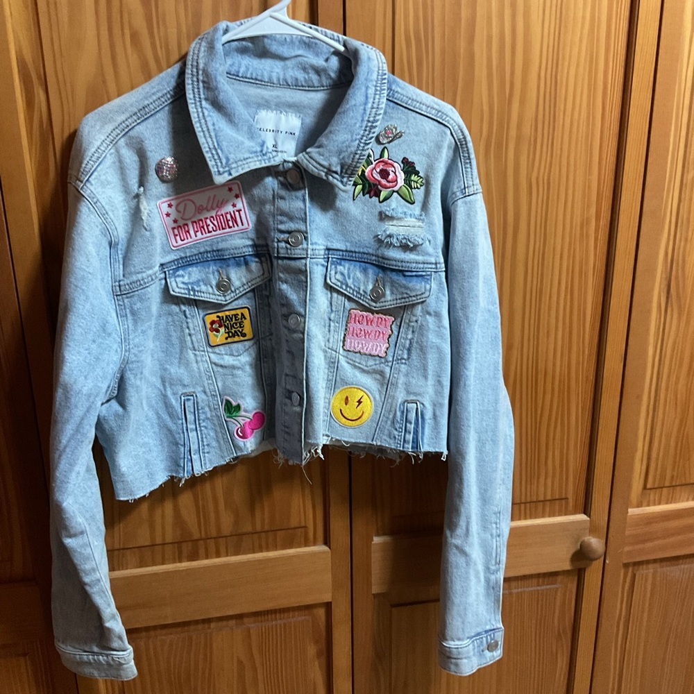 Celebrity Pink Light Blue Jean Jacket with Patches